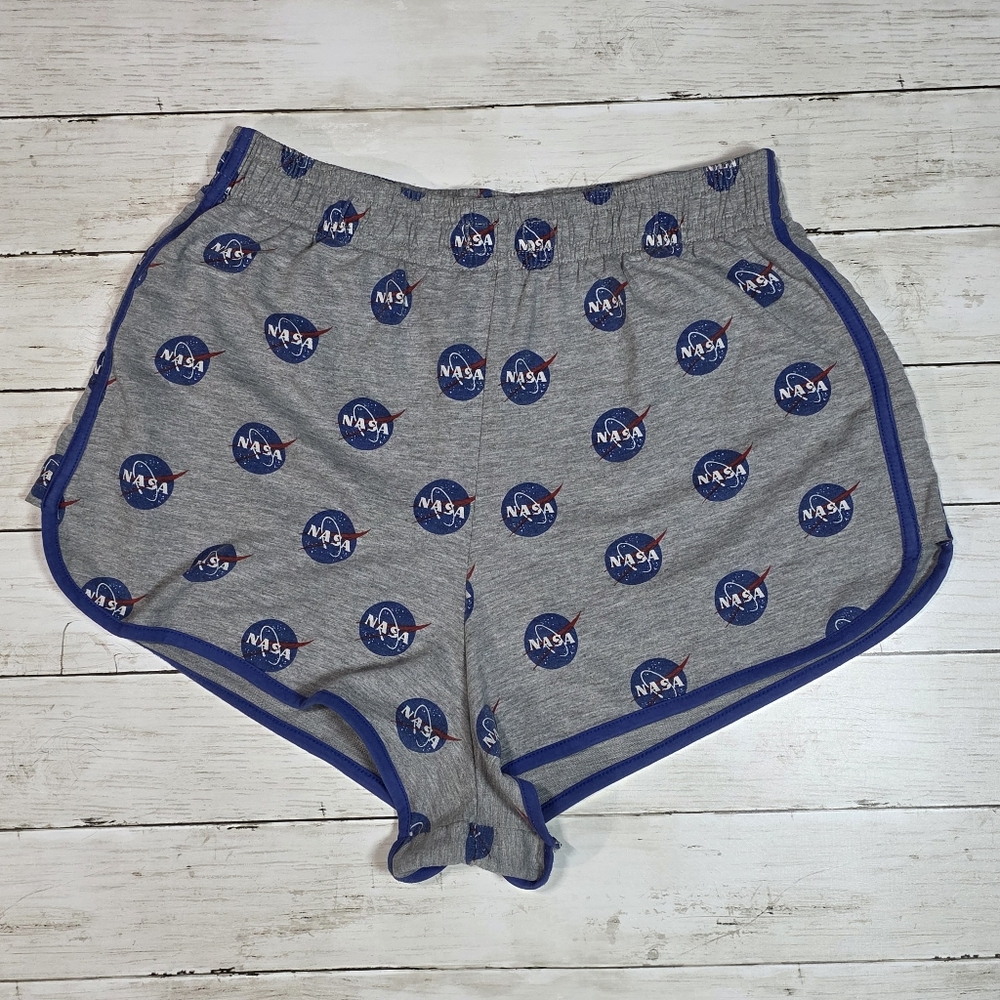 MAD Engine NASA Logo Heather Grey Lounge Shorts with Blue Trim • Large